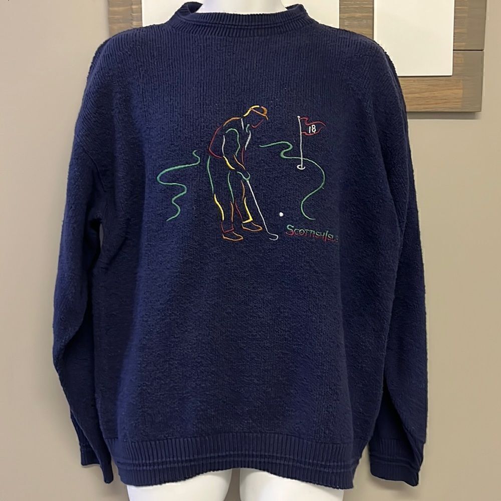 Scottish Isle Men’s Navy Embroidered Golf Crewneck Sweater by Bernette-Lg